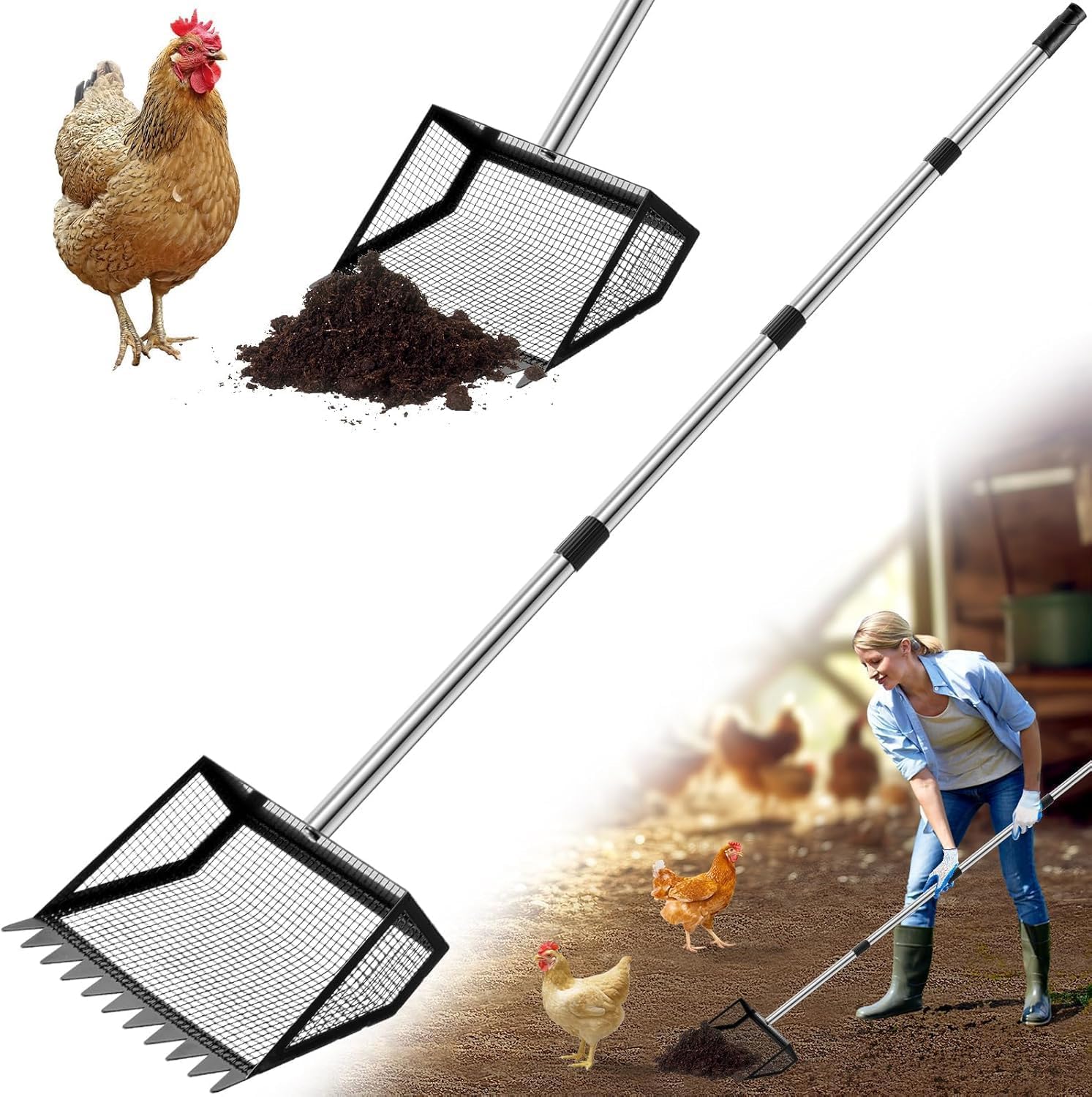 Pala de Metal para Gallinero Ajustable 4 in1 91-157cm Pala para Gallinas para la Limpieza, Herramientas de Limpieza para Gallineros