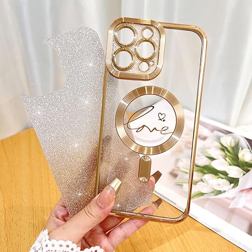 Vista 465 de Fiyart - Funda transparente magnética con purpurina para iPhone 12 para mujeres, con grabado "Love" metálico, protección para cámara y antigolpes