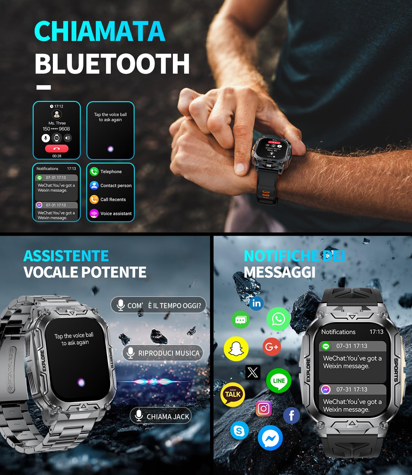 1000mAh Batteria Smartwatch Uomo Militare, 2.01'' Orologio Smart Watch con Chiamata Bluetooth, Torcia LED Orologio Fitness, 100+ Modalità Sportive, IP68 Impermeabile per Android iOS