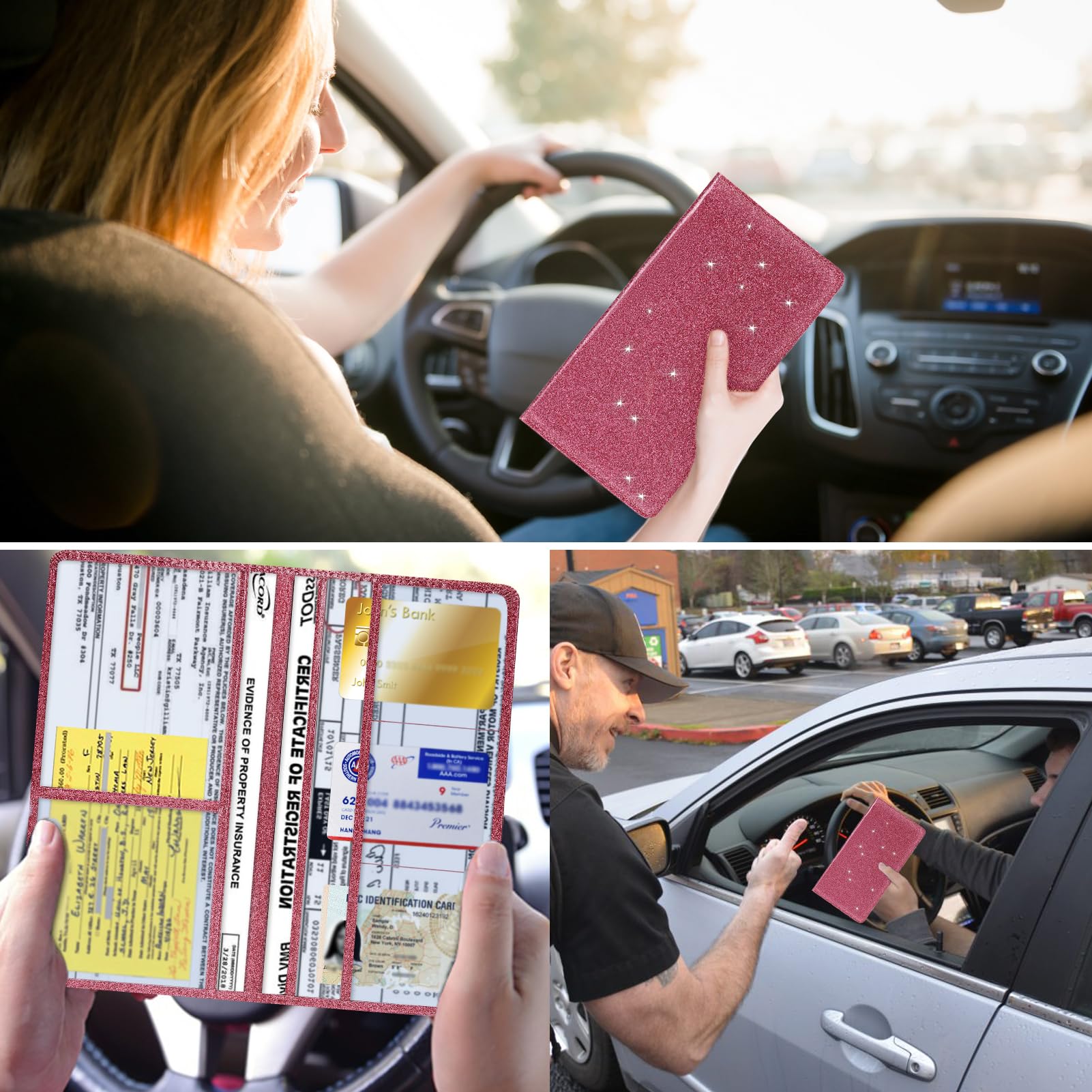 2Pack Leather Car Registration and Insurance Card Holder, Car Document Holder for Cards License with Magnetic Shut (Glitter Purple)