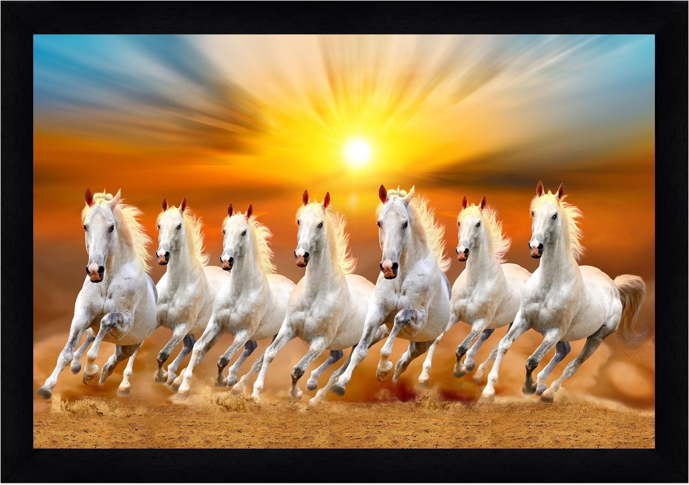Indianara Vastu Runing Seven Horses Painting With Frame 13 Inches X 10 Inches (Style 1)