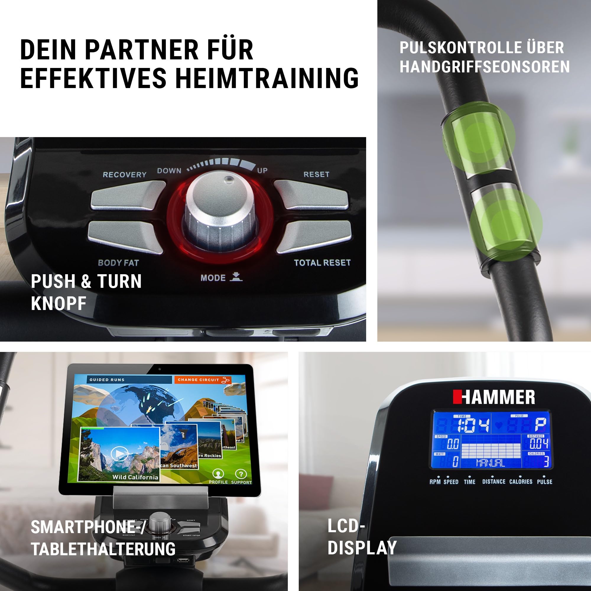 HAMMER 4862 Ergometer Cardio XT6 BT, leises Fitnessfahrrad mit tiefem Einstieg und Comfort-Sattel, 13 kg Schwungmassensystem, Bluetooth & App-Steuerung, 130 kg Benutzergewicht, 93 x 51 x 150 cm