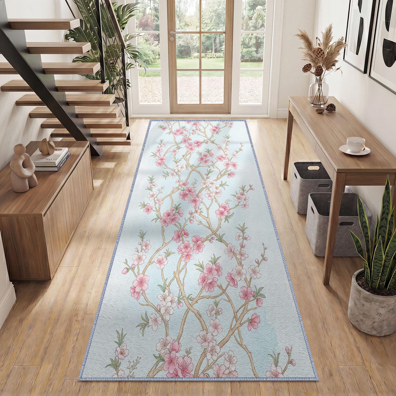 Pintura botánica oriental alfombra de pasillo antideslizante 80 x 300 cm