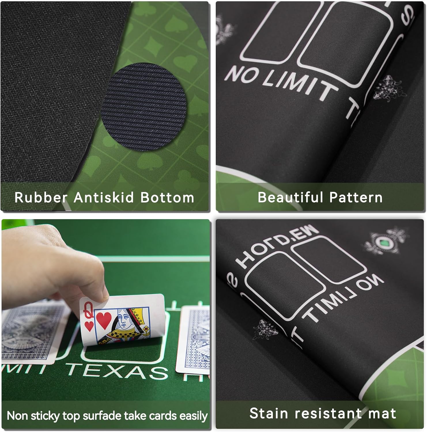 71" x 35" Poker Mat, Green, Modern Style, Non-Slip Rubber Bottom, Water Repellent Surface, Foldable, Easy to Roll Up, Carrying Bag Included, Texas Hold'em Poker Mat, Card Game Essential
