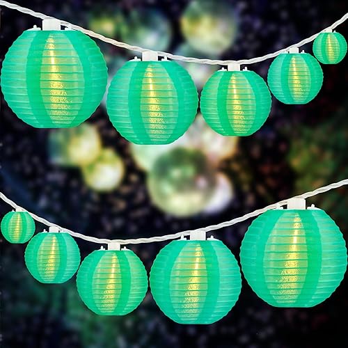 HOSY 10 unidades de linterna con 11' de luces de cadena de alambre blanco, luces de cadena de linterna enchufable con espaciado de 12" (Turquesa)