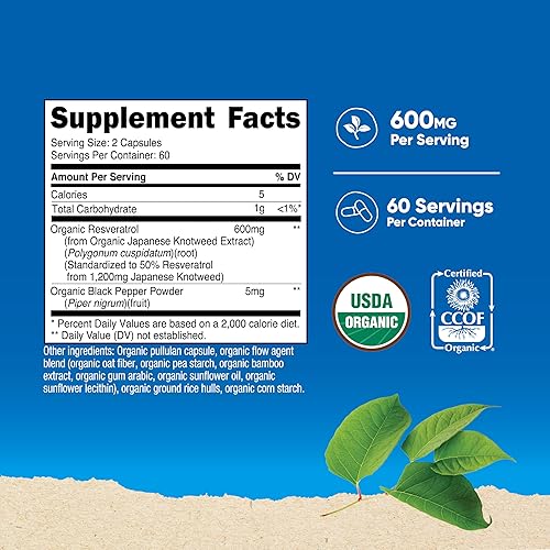 Miniatura 2 de Nutricost Resveratrol orgánico (600 mg) 120 cápsulas - USDA orgánico, certificado CCOF, vegano, sin OMG, sin gluten, 60 porciones