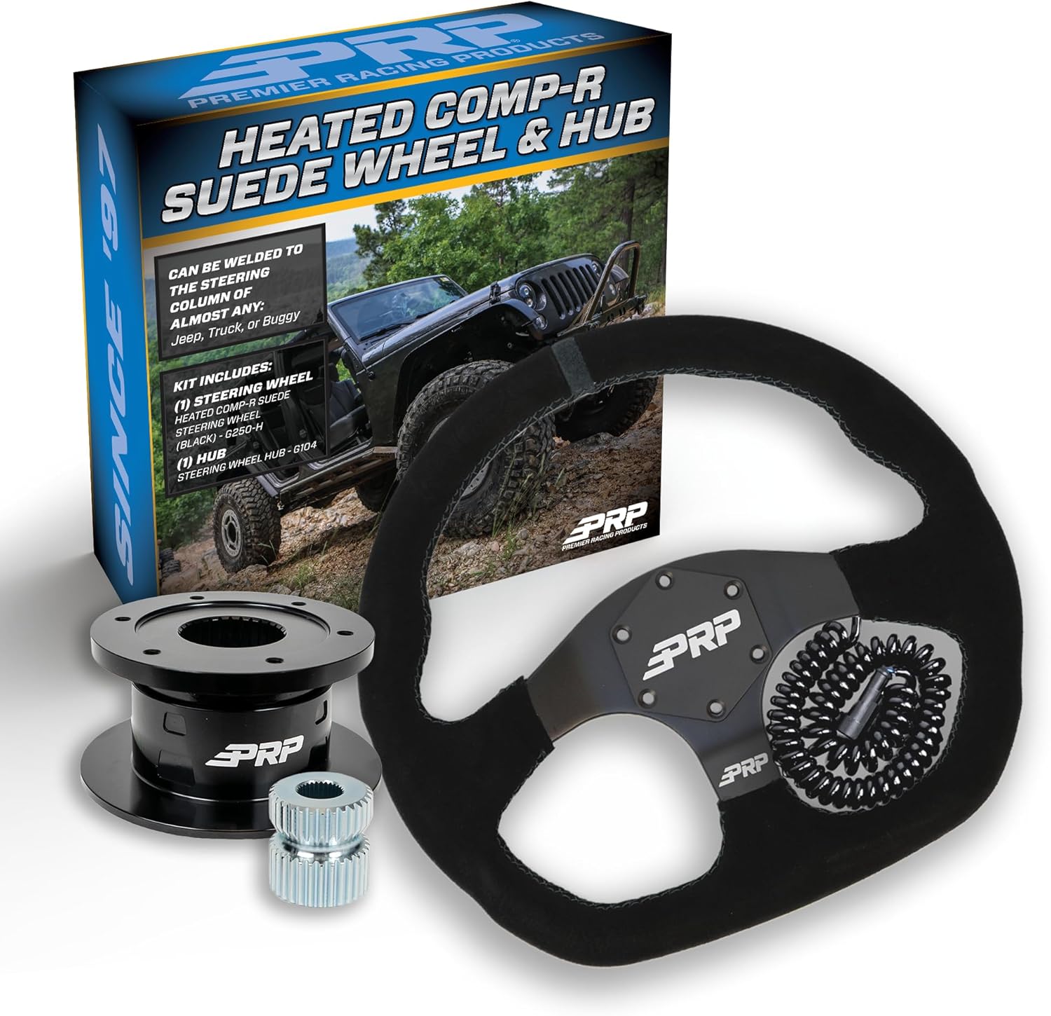 PRP Heated Suede D-Shape Steering Wheel Kit w/Quick Release Hub for RZR, Can Am X3, Arctic Cat Wildcat, EZ-GO, GEM, Gator - High Strength Aluminum, 13" Dia w/Flat Depth - 1-3/8" Grip (Black)