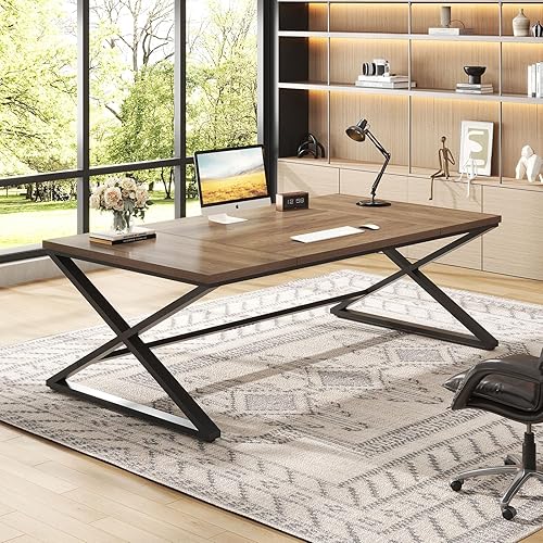 Miniatura 3 de IBF Escritorio grande para computadora, 78.7 pulgadas, escritorio extra largo de oficina en casa, escritorio de trabajo de metal de madera para