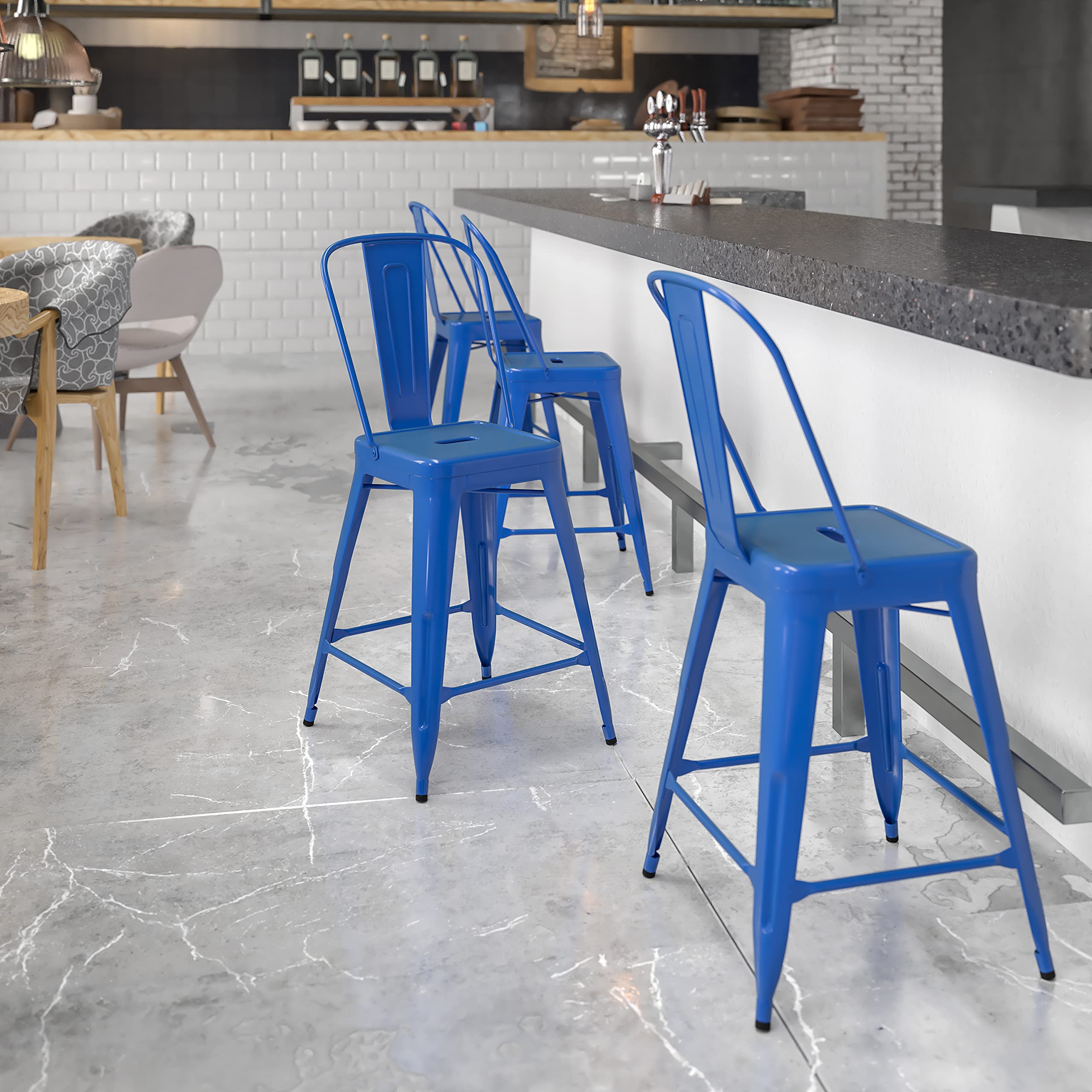 EMMA + OLIVER Commercial Grade 24" H Blue Metal Indoor-Outdoor Counter Height Stool w/Back