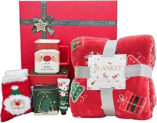 2025 Christmas Gift Set for Women, Holiday Gift Box with Cozy Blanket, Hand Cream, Santa Mug, Scented Candle & Fuzzy Socks, Christmas Gift Basket for Mom, Sister, Best Friend or Coworker
