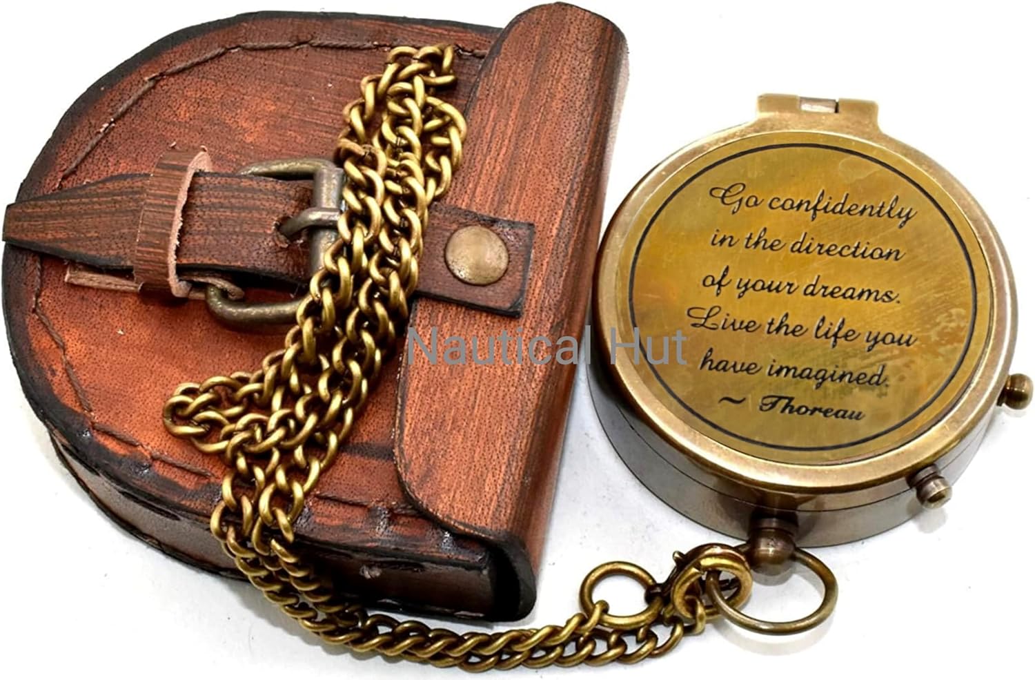 Thoreau's Go Confidently Engraved Solid Brass Nautical Pocket Compass with Leather Case, Brass Compass to Son, Gifts for Men with Famous Poet Quotes, Graduation Day, Birthday, Easter Gift (XII)