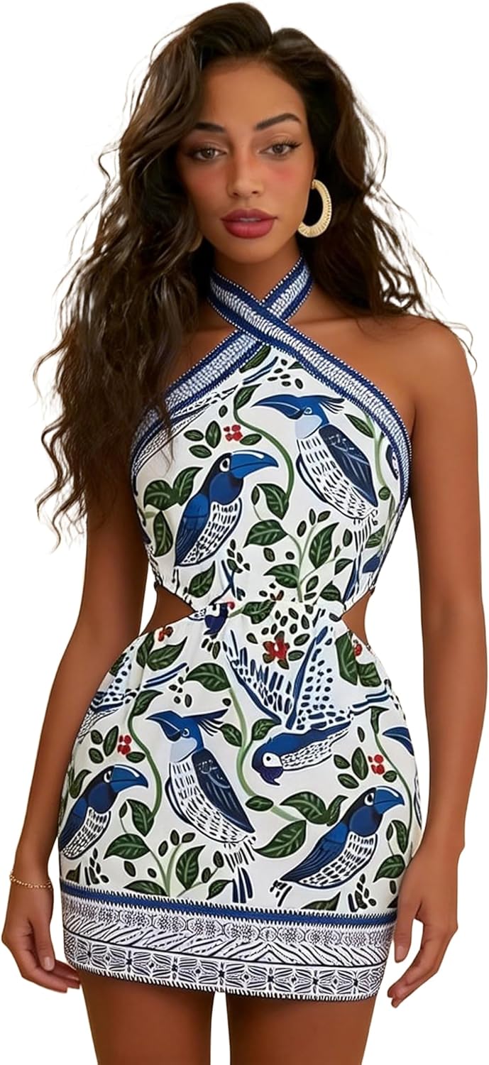 Tropical Dresses for Women Boho Mini Dress Floral Sundress -