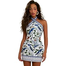 Tropical Dresses for Women Boho Mini Dress Floral Sundress - Halter Chiffon Tie Back Crisscross Sleeveless Beach