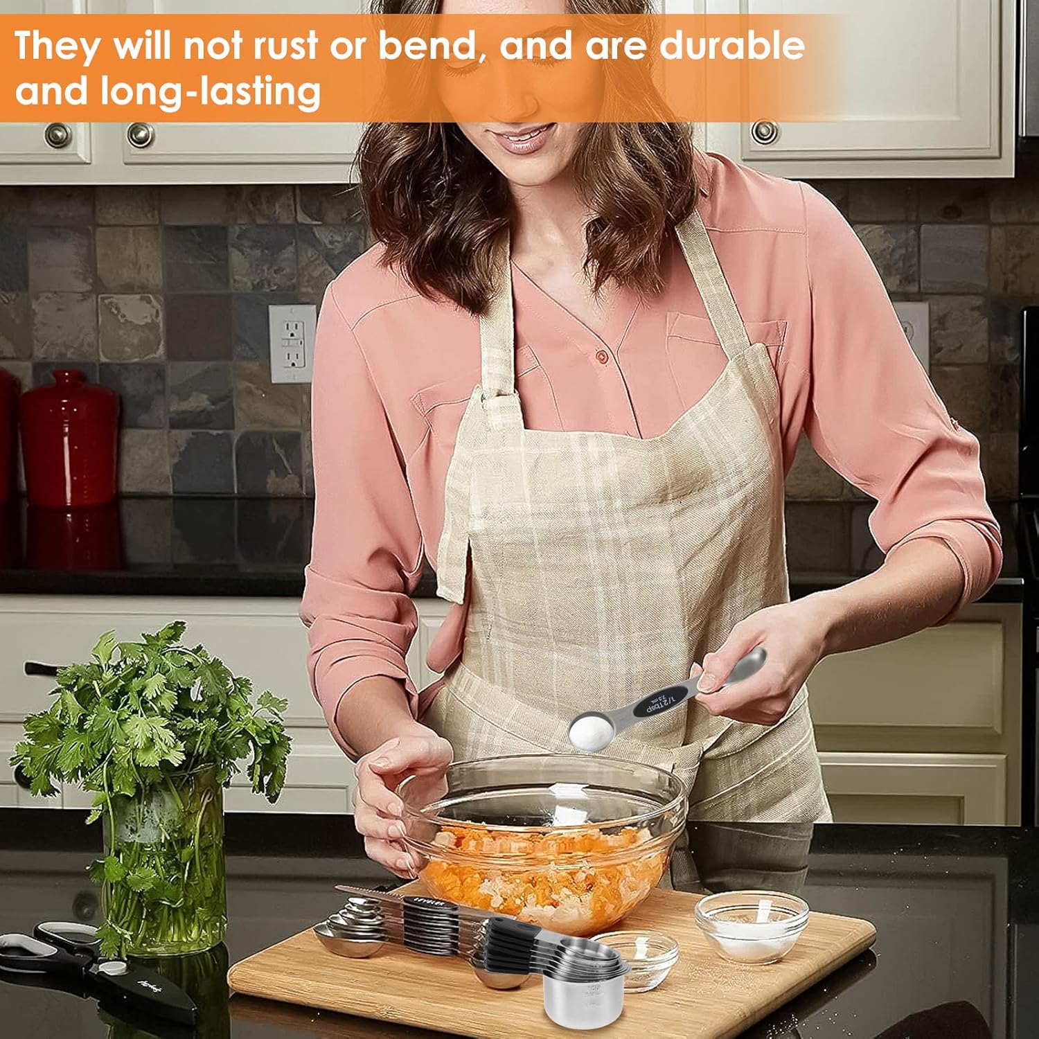 16Pcs Measuring Cups & Magnetic Measuring Spoons,8 Heavy Duty Stainless Steel Measure Cups with Silicone Handle & 7 Double Sided Magnetic Measure Spoons & 1 Leveler for Dry and Liquid Ingredient