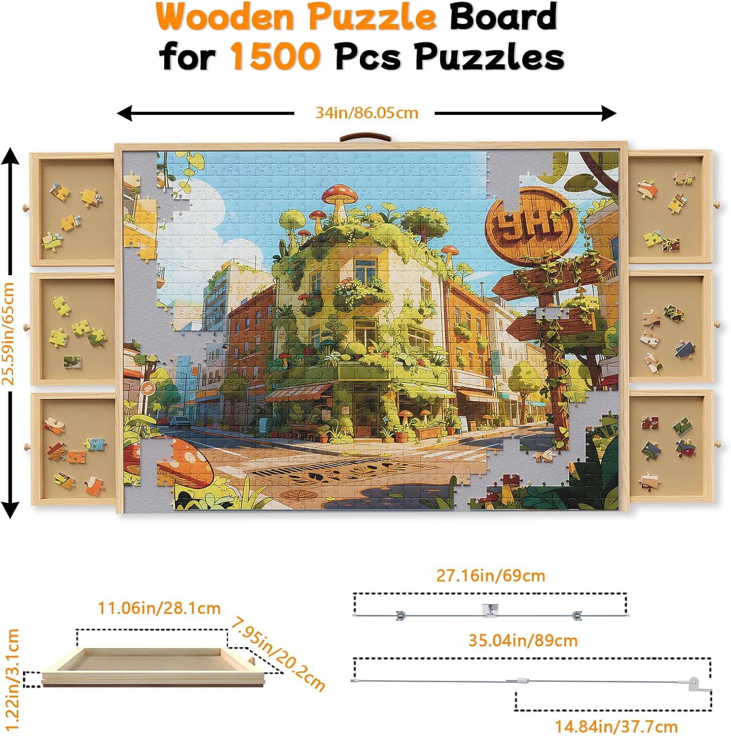 1500-Piece Rotating Puzzle Board with Drawers and Cover, Puzzle Tables for Adults, Portable Jigsaw Wood Table with 6 Storage Drawers, Non Slip Felt and Handle, Ideal Gift?35.1"x26"?
