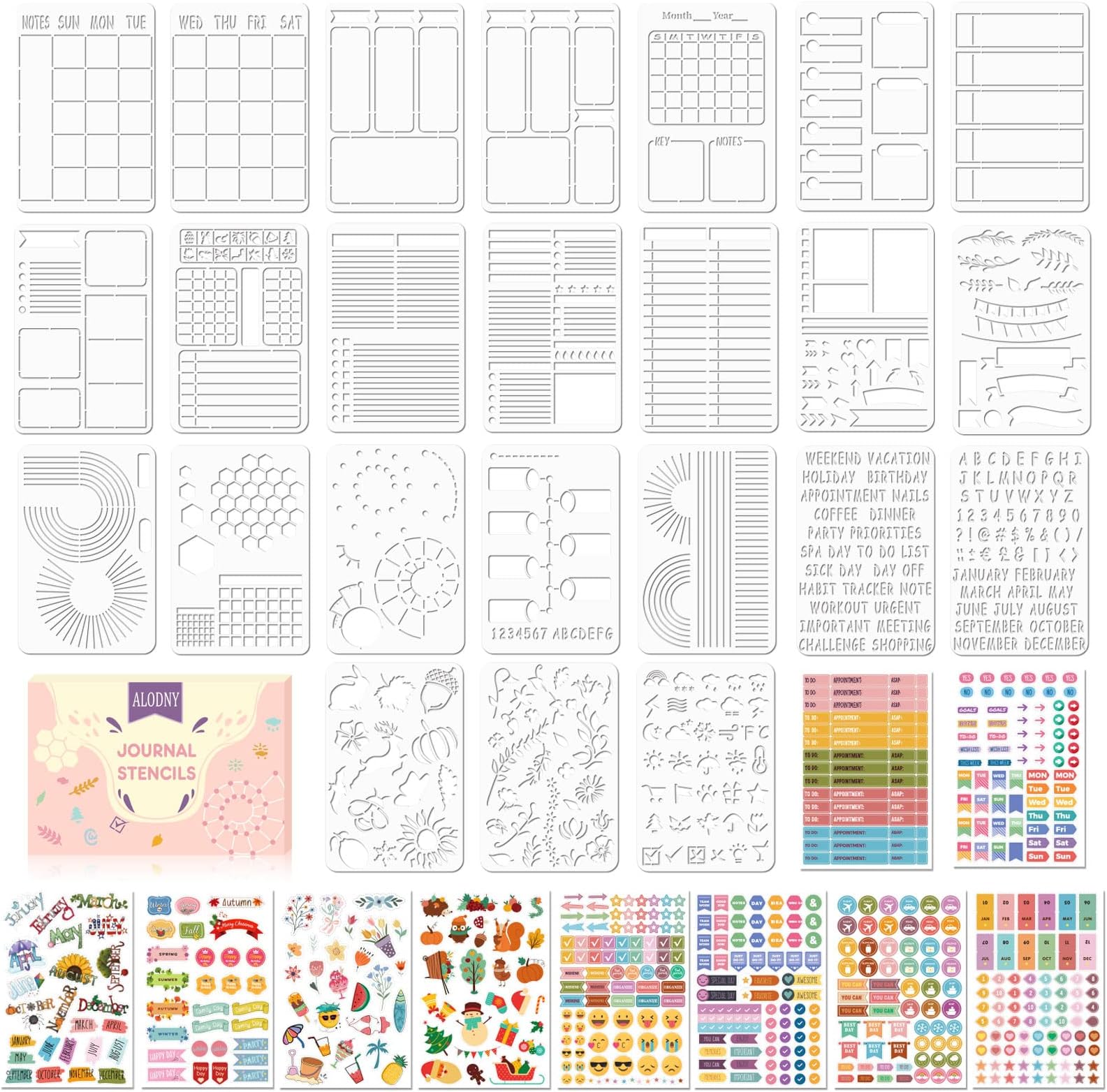 Bullet Journals Stencils Set - 24Pcs Dotted Planner Stencil & 10Pcs Journal Stickers,Journaling Supplies/Accessories Kit