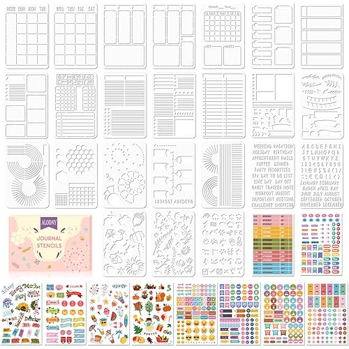 Bullet Journals Stencils Set - Bullet Journaling Supplies/Accessories Kit - Incl.24Pcs Dotted Planner Stencil for A5 Bullet Journals,10Pcs Journal Stickers