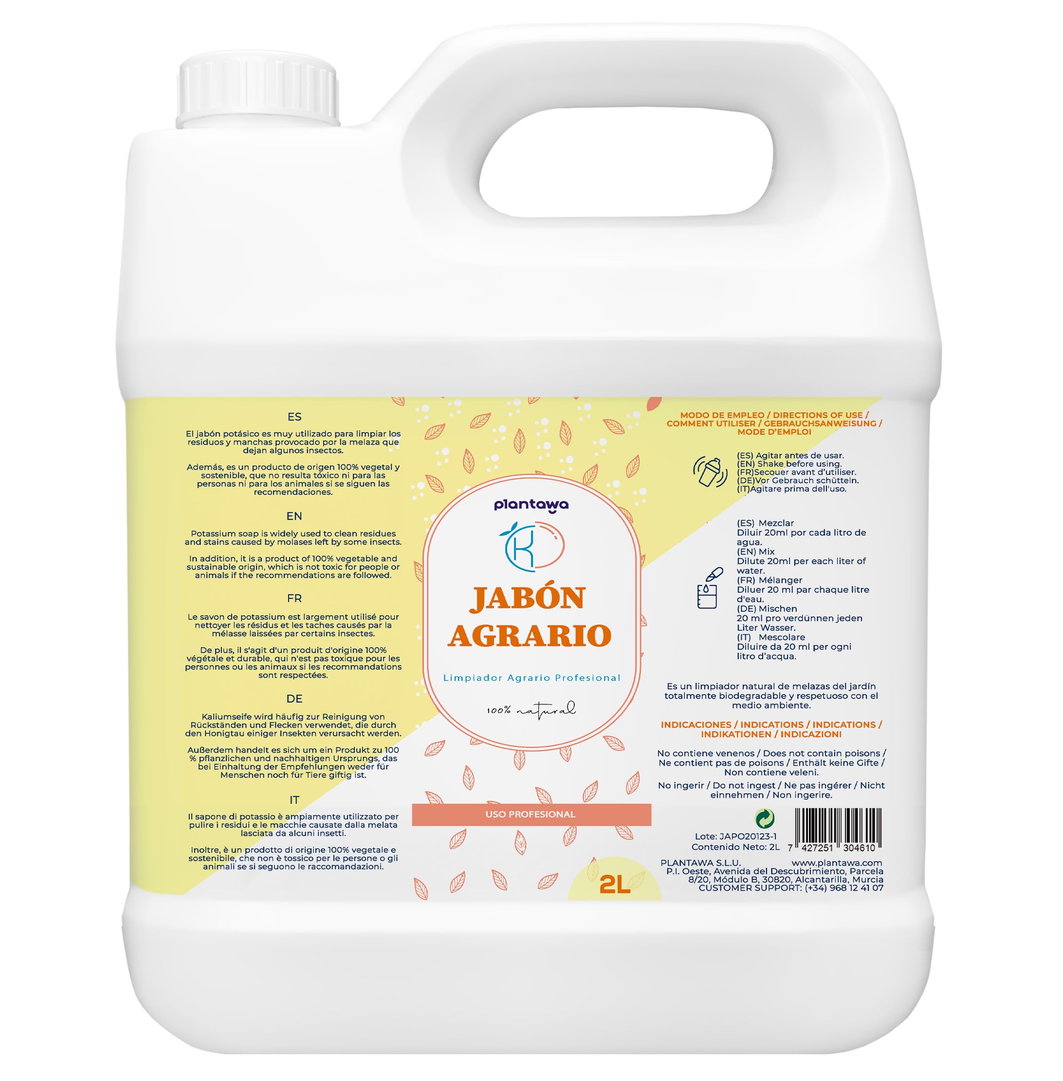 Jabón Potásico 2L, Actúa por Contacto, Sostenible, Jabon Agricola Multiusos, Elimina Enemigos del Huerto