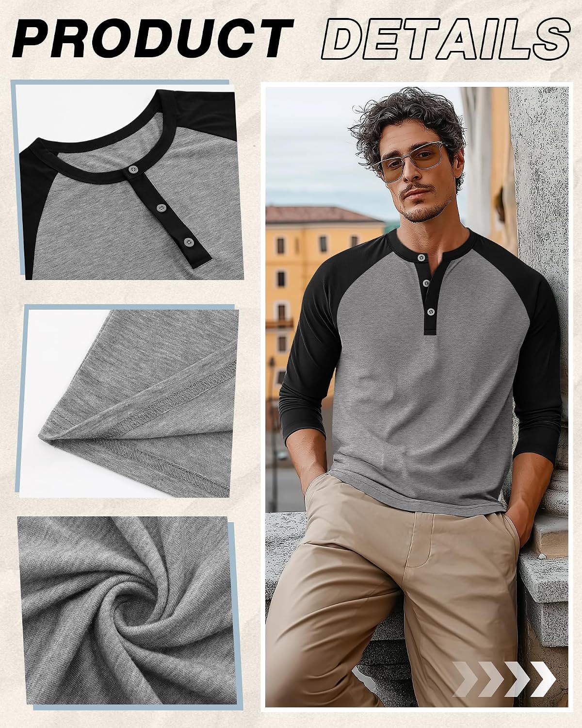 August Alley 3 Pack Men's 3/4 Sleeve Baseball Raglan T-Shirts S-3XL, Henley Tops Sport Athletic Jersey Tee Buttons Shirts