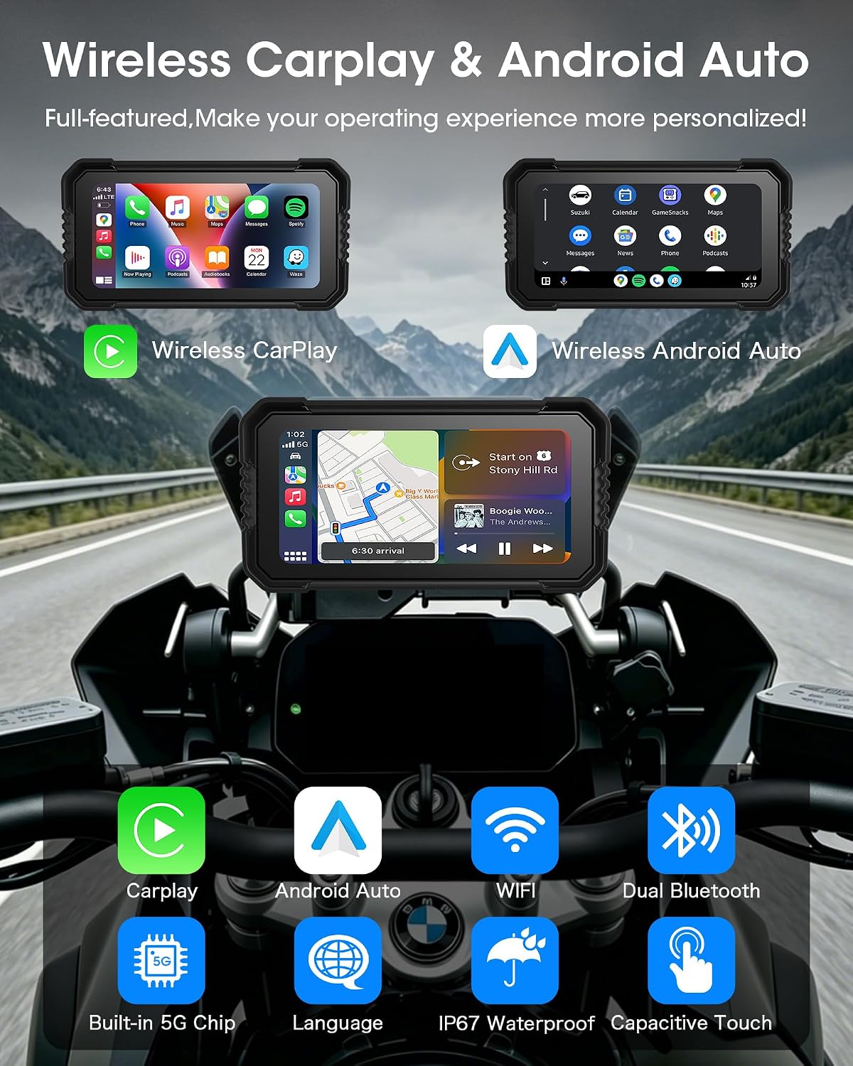 6.25 Inch CarPlay for BMW Motorcycle, Pantalla para Moto with CarPlay & Android Auto Dual Bluetooth GPS Navigation System IP67 Waterproof Screen with Siri & Google Assistant