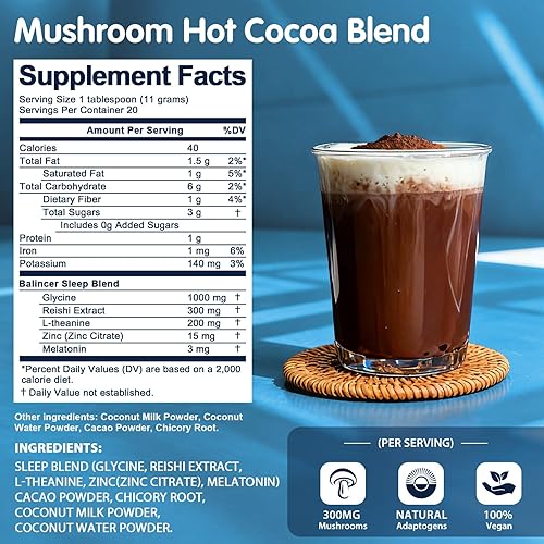 Miniatura 2 de Suplemento para dormir de cacao caliente de hongos, cacao en polvo con hongo Reishi, melatonina, glicina, cacao, L-teanina, achicoria, apoya la