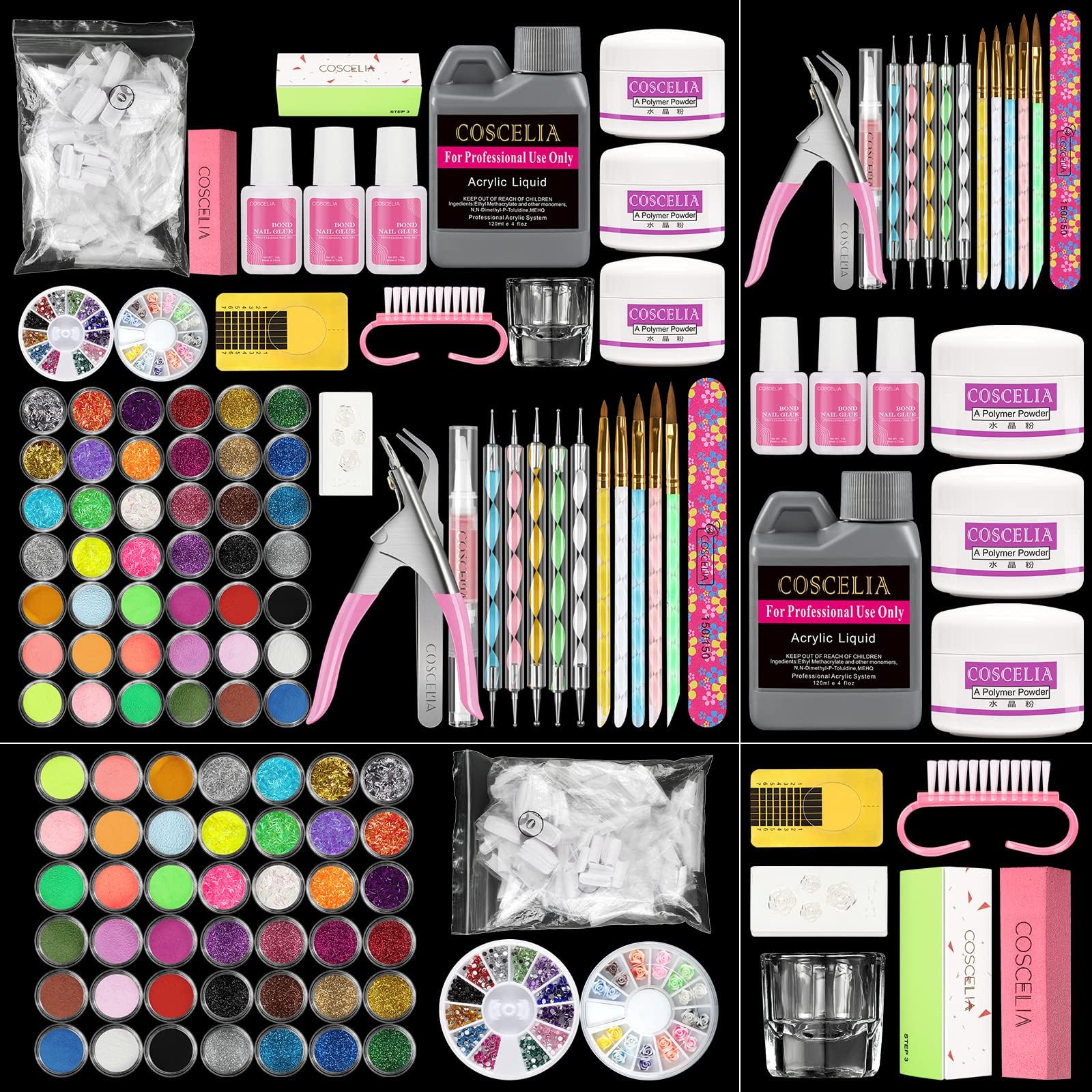 Acrylic Nail Kit 21 Colors Acrylic Nail Powder and Liquid Set with 24 Colors Glitter Powder French Tips Manicure Tools Decals Acrylic Supplies for Nail Extension Nail Art Starter Kit