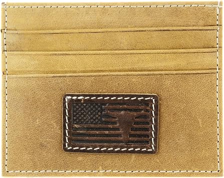 American Bison Mens Leather Credit Card Holder Embossed Bison Skull & American Flag Slim Wallet with ID Window, 3 Card Slots, Slide Pocket Wooden Gift Box Tan
