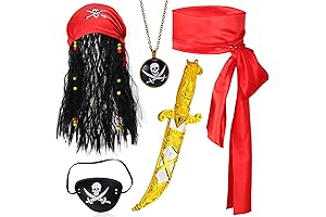 Pirate: Dreadlocks, Headcloth, Sash, Skull Necklace, Eye Patch, Plastic Dagger (4Pcs Set)