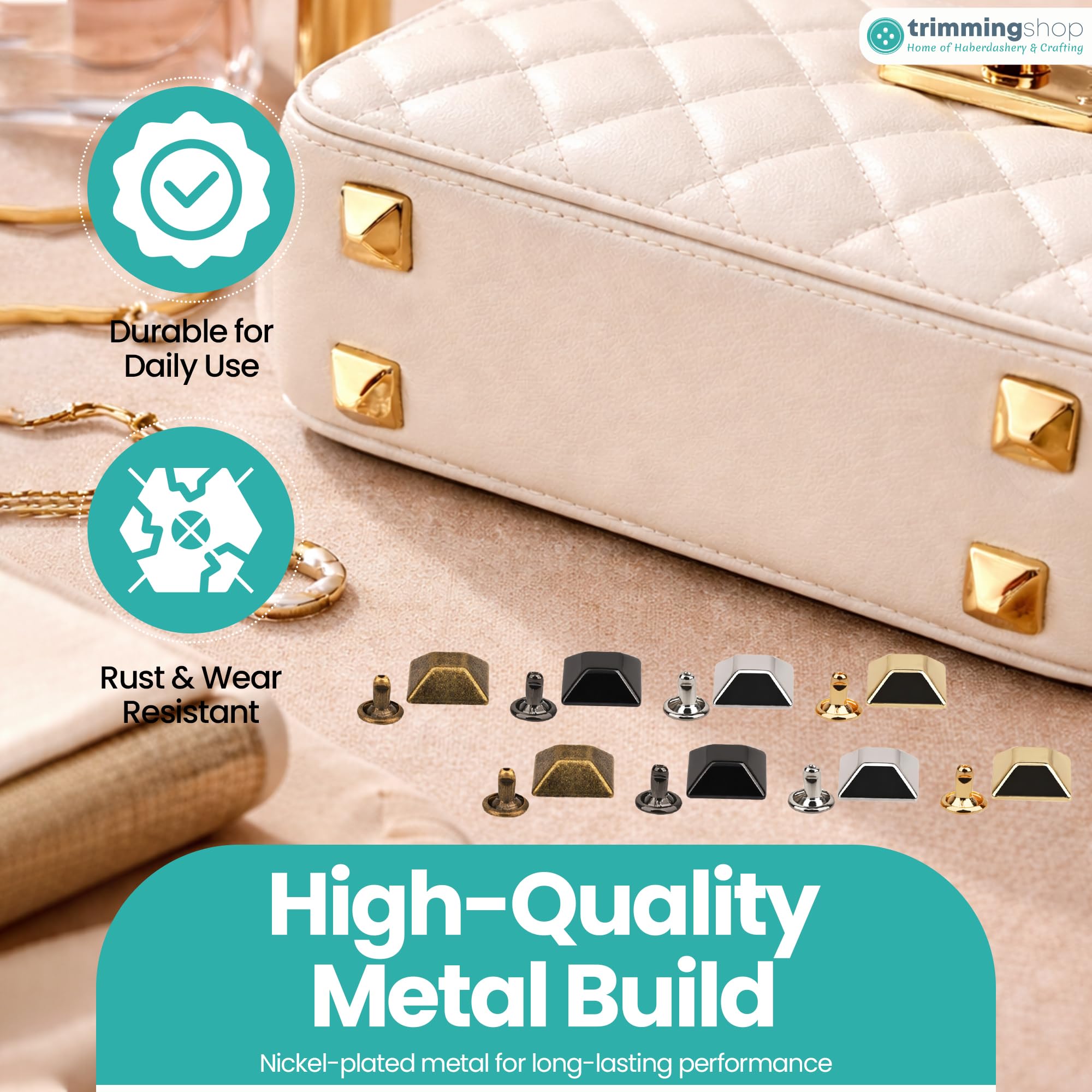 Trimming Shop Paquete de patas piramidales de 12 mm con troquel y caja de almacenamiento, 100 tachuelas de metal para bolso y bolsos, remaches inferiores de bolsa piramidal para kit de manualidades de