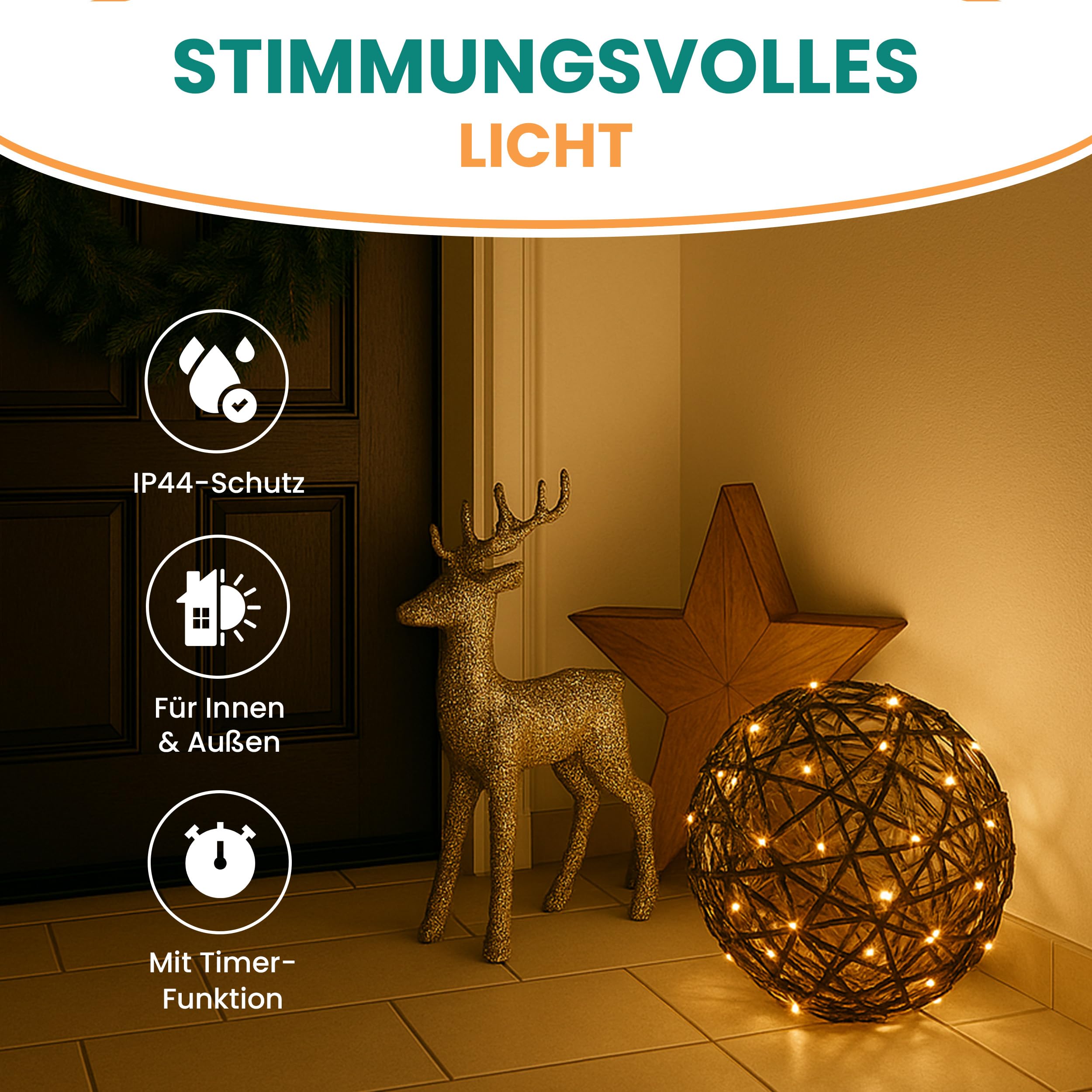 Gartenpirat Deko-Kugel Rattan Optik 70 LED warmweiß Ø 40 cm Kupferdraht-Lichterkette Batterie Timer