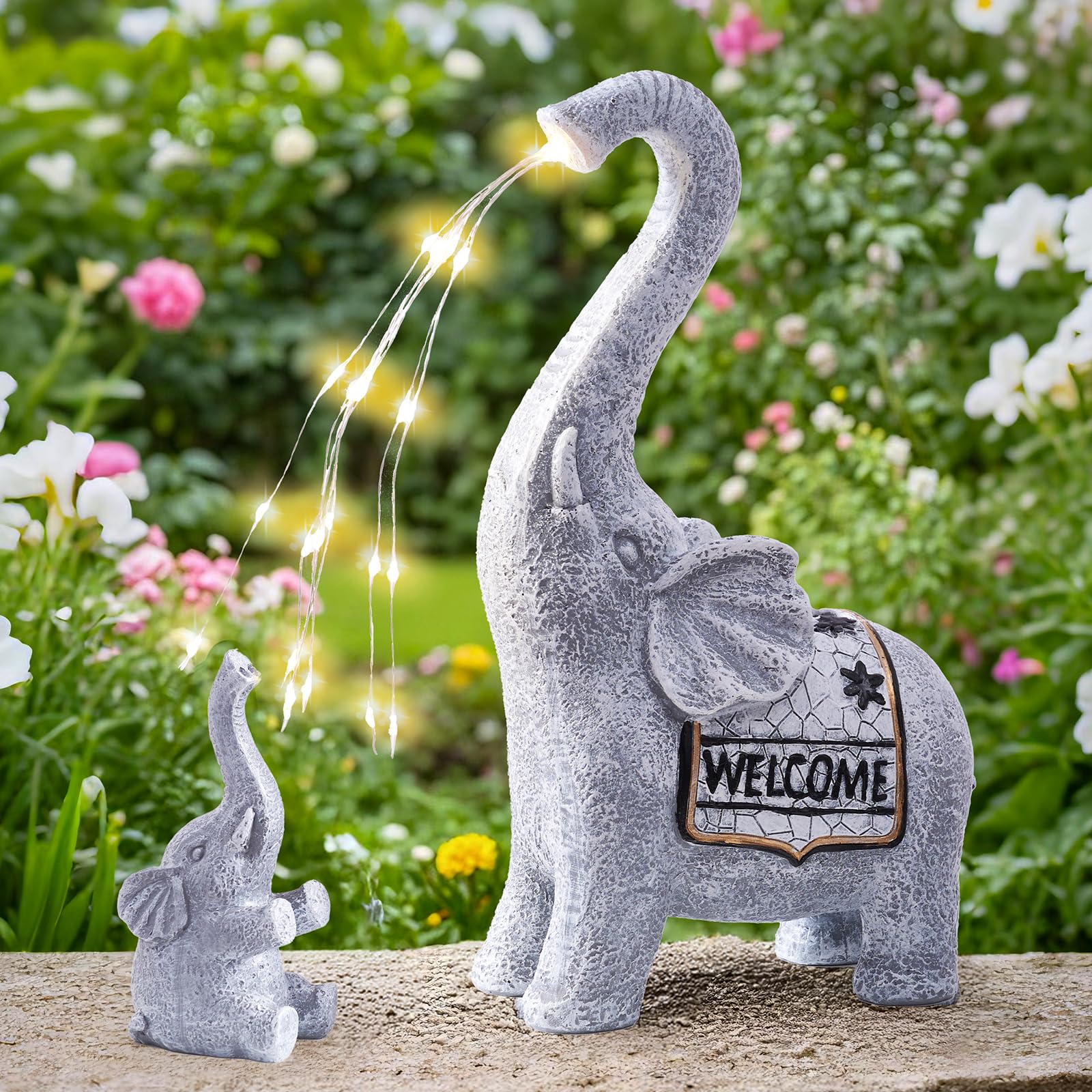 RM ROOMERS Elephant Garden Decor, 2 PCS Elephant Sculptures for Outdoor Resin Solar Elephant Statues Watering, Elephant Decor for Yard, Animal Statues