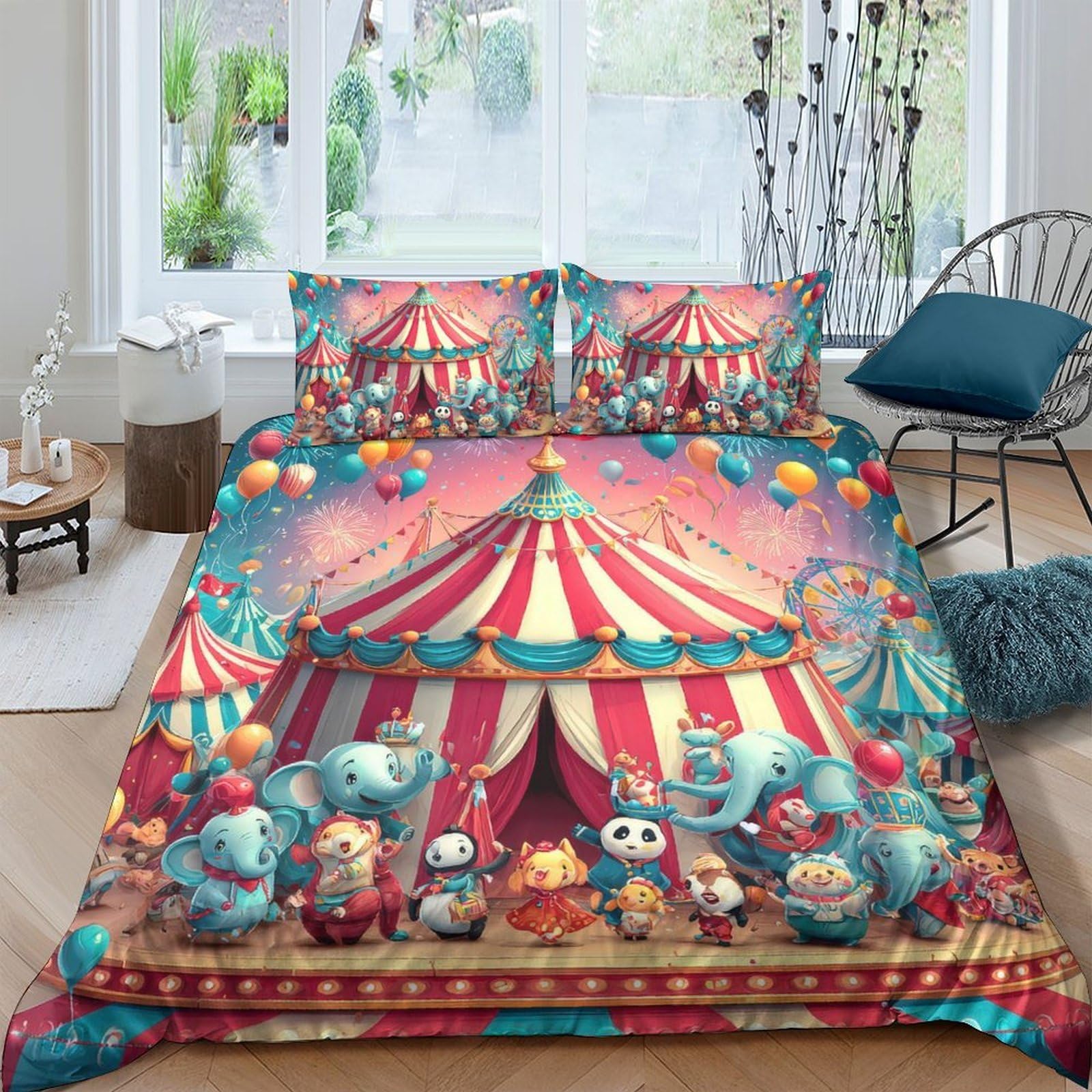 Ctjqhvkz Style-4 3D Printed Circus Tent Fitted Sheet Microfiber Soft Colorful Animals Bed Cover Bedroom Decor Anti-Slip Easy Care Single（135X200cm）