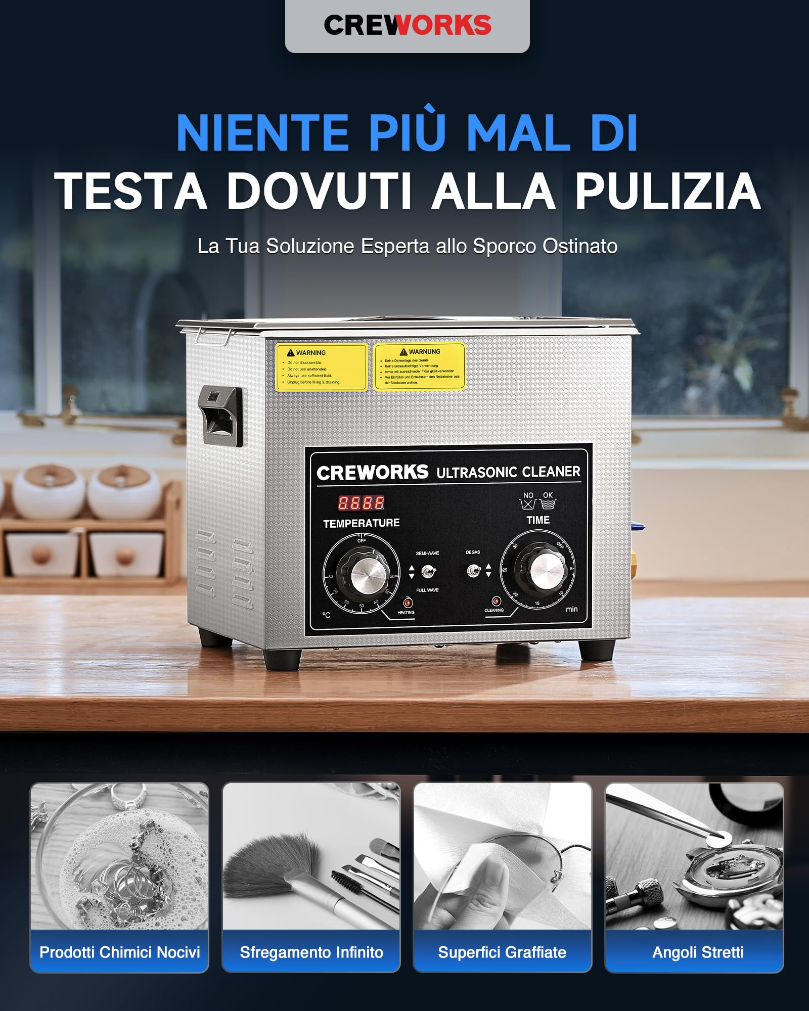 CREWORKS 10L Pulitore Ultrasuoni con 300W Riscaldatore e Timer 240W Vasca Ultrasuoni in Acciaio Inossidabile con Modalità Degas e Delicata Lavatrice Ultrasuoni per Laboratorio Utensili e Ricambi Auto