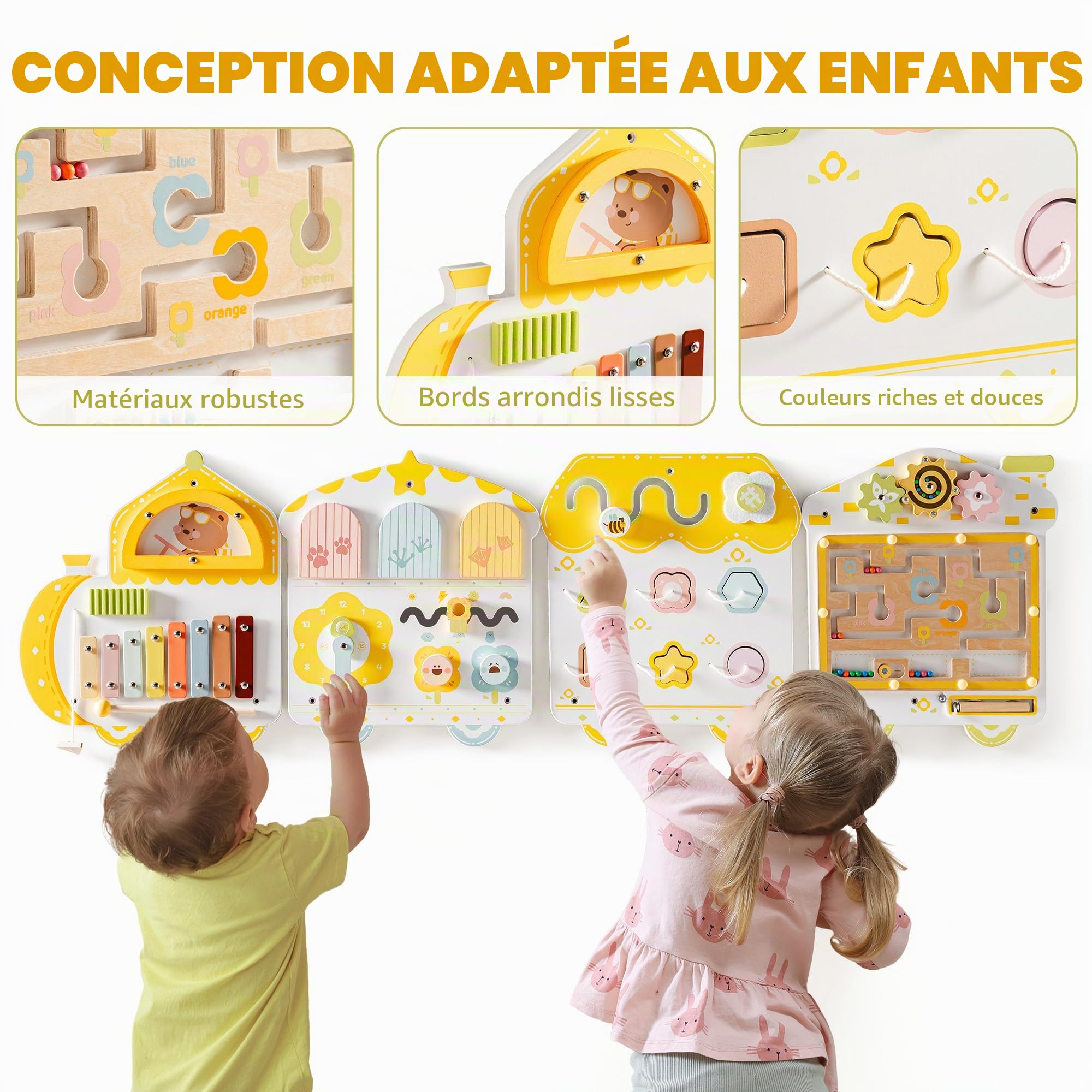 ROBUD Montessori Busy Board à partir de 18 Mois – Tableau d'activités Mural 12 en 1 en Bois avec Xylophone, Tambour, Tableau météo, Horloge, Formes, Engrenages et Labyrinthe magnétique