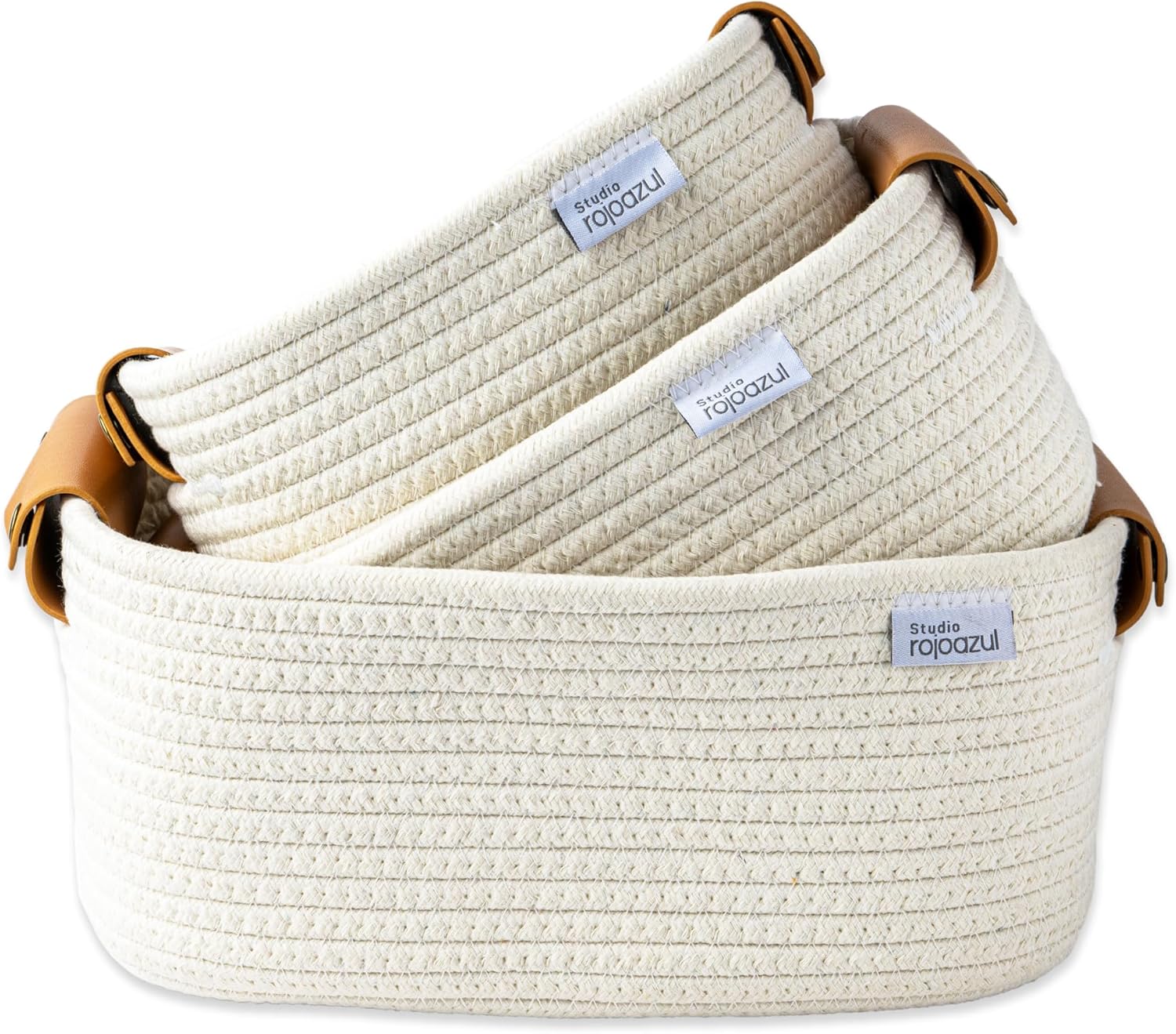 Rope Storage Basket with Leather Handles - Stylish Nursery Storage Bins - Multipurpose Woven Rope Basket - Durable Cotton Organizer - Perfect Gifts for Kids' Room - Small Woven Basket - 3 Sizes
