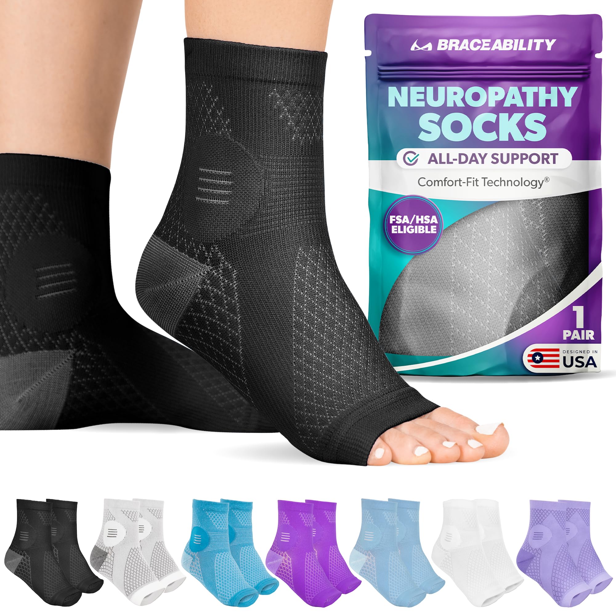 BraceAbility Neuropathy Socks (Pair) - Peripheral Neuritis Compression Diabetic Toeless Foot Sleeves for Nerve Damage Pain in Feet, Ankle Gout, Plantar Fasciitis Relief Brace for Men and Women (XL - Black)