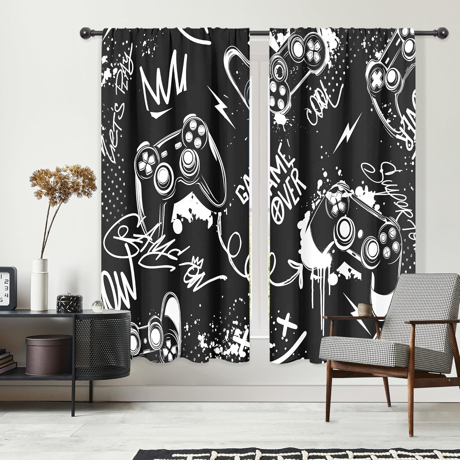 Riyidecor Black White Gaming Boys Curtains Gamer Video Games Controller Gamepad Modern Graffiti Cool Funny Rod Pocket for Kids Teens Men Bedroom Living Room Treatment Fabric 2 Panels 42Wx63H Inch