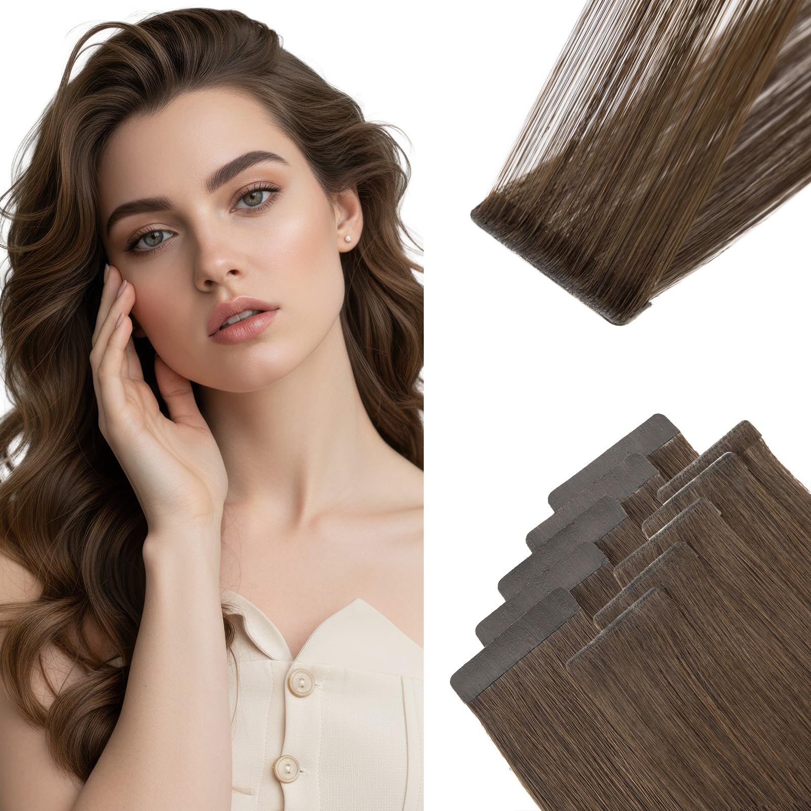 MY-LADY 10pcs Extension Adhesive Cheveux Naturel 20 Pouces 5pcs Injection & 5pcs Classique Tape in Hair Extensions Invisible Rajout Cheveux Adhesif 25g #02 Marron Foncé