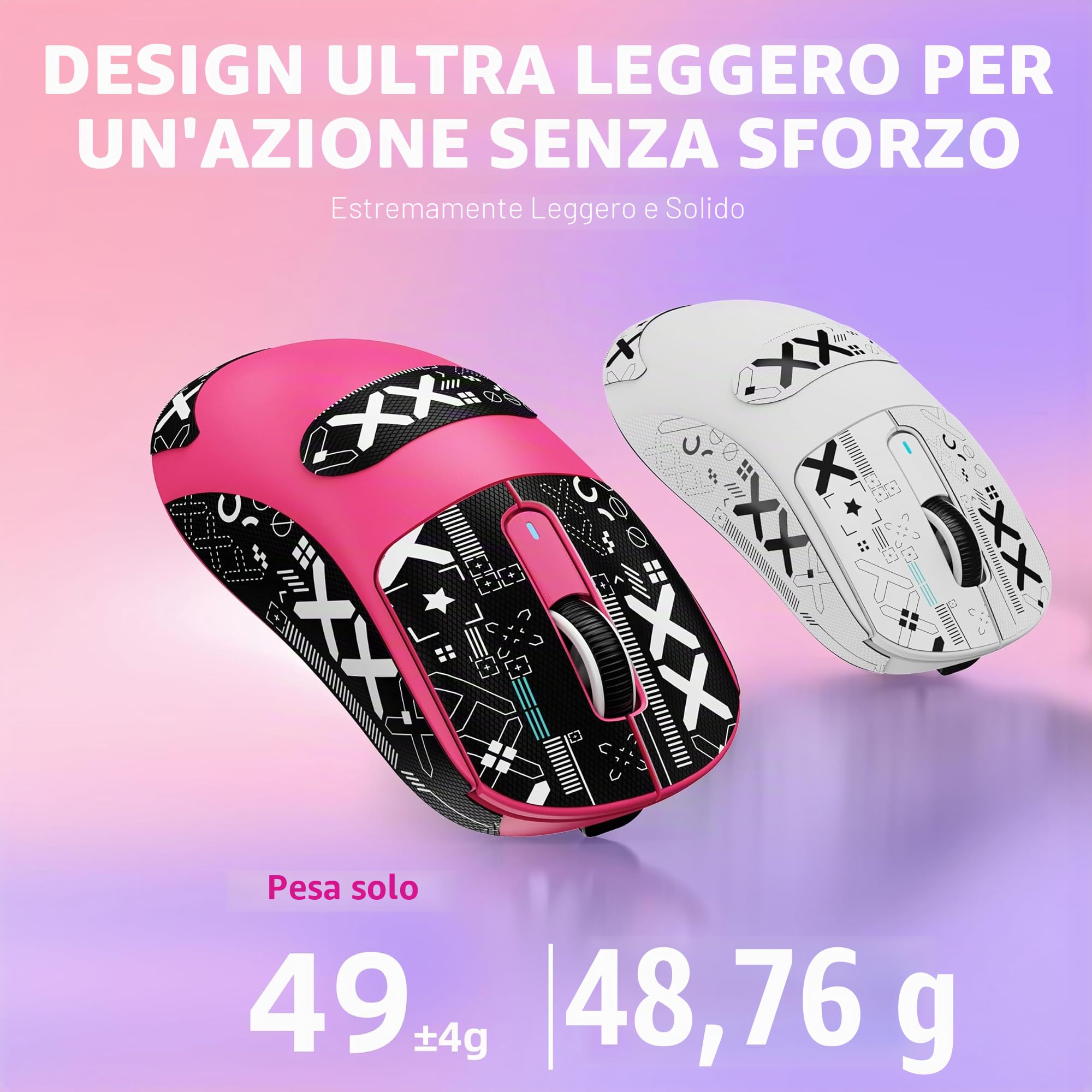VGN GAMEPOWER ATTACK SHARK X3 SUPERLIGHT Mouse Gaming Wireless, 49g Ultraleggero Mouse da Gioco, PixArt PAW3395, 26000DPI, 2.4G/Bluetooth/Cablato, Mouse Grip Tape, Durata Batteria 200Hrs, Bacca Rossa