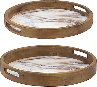 Benjara 18, 15 Inch Round Decorative Tray, Marble Effect, Brown Fir Wood Frame