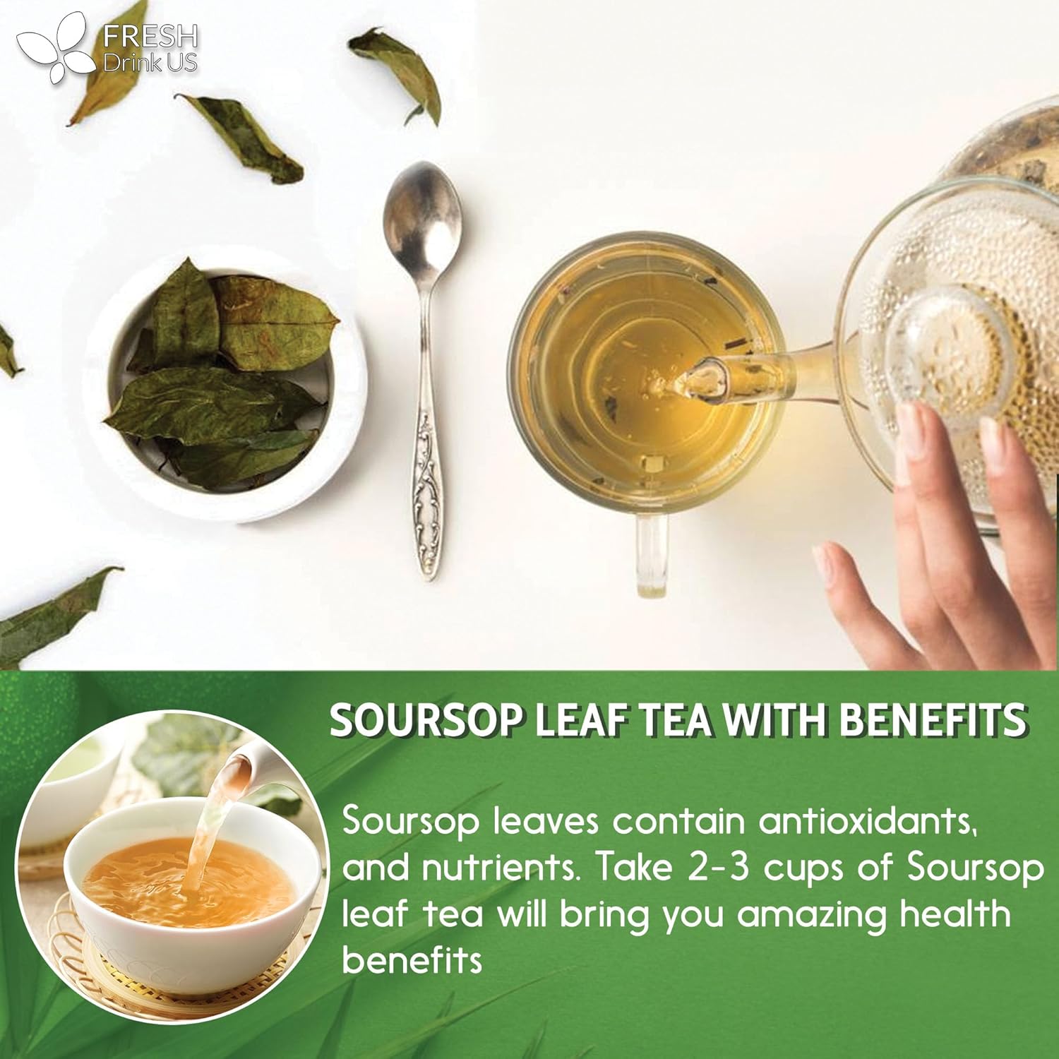 FreshDrinkUS, Premium Soursop Tea Collection Included: Whole Leaves, Tea Bags, Fruit Tea & Powder, Great For Soursop Tea Lovers, Sugar/Gluten/Caffeine Free, Pure & Premium Handmade Products