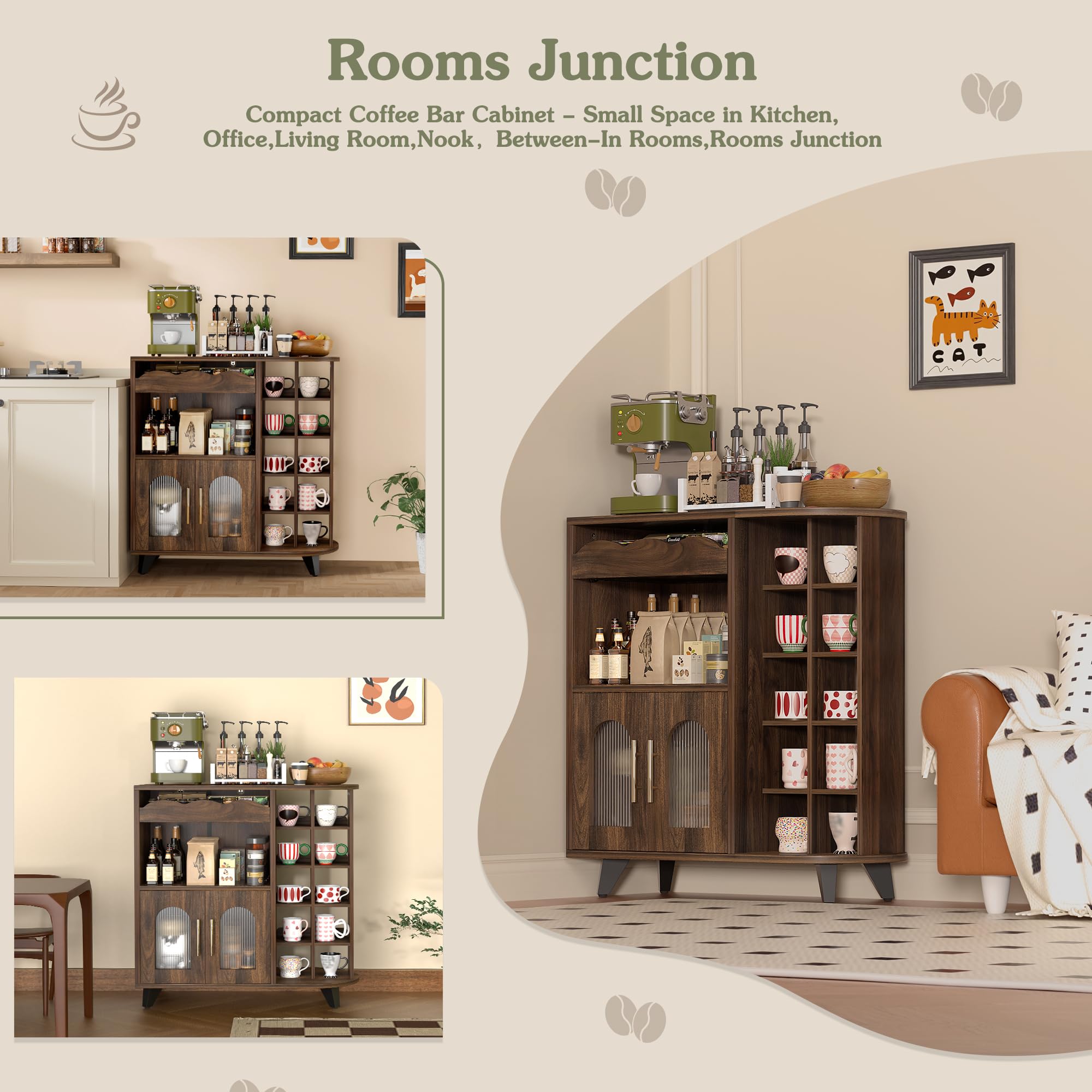 Küchenschrank, Kaffeeschrank mit Tassenhalter, Kommode mit Türen, Buffetschrank mit Schubladen, Sideboard für Wohnzimmer, Barmöbel, Kaffeebar Möbel, Küchenvitrine, Tassenständer (40x80x91cm)