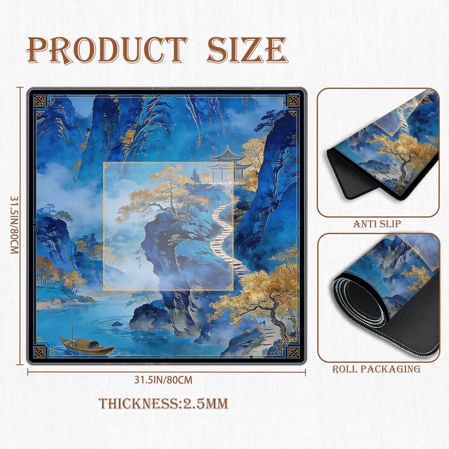 Blue and Gold Chinoiserie Mahjong Mat for Table 31.5x31.5 in, Traditional Chinese Mountain Pavilion Mahjong Table Mat Cover Anti Slip Noise Reduction for Mah Jong Card Board Tile Games