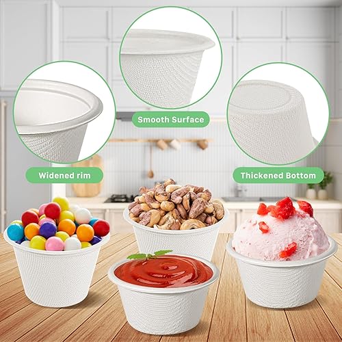 Miniatura 3 de Paquete de 100 tazas compostables para porciones, tazas de condimento de 2 onzas, tazas de soufflé 100% biodegradables, vasos de papel desechables