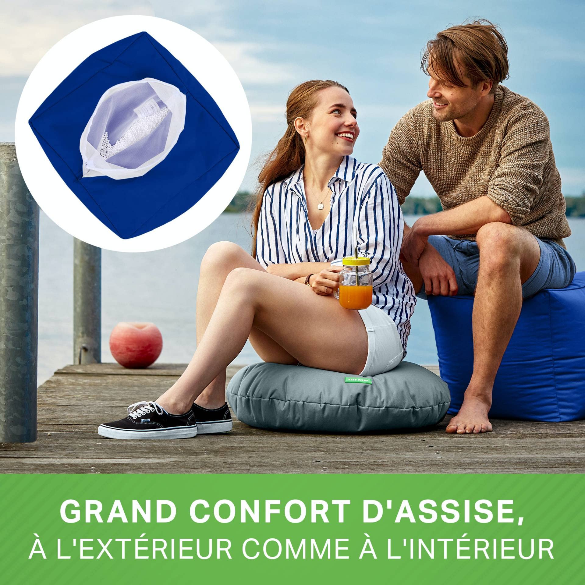 Green Bean Pouf-Tabouret 40x40x40cm Remplissage Perles EPS Coussin Pieds Chaise Sol Enfants Adultes Repose-Pieds Siège Tabouret Bleu