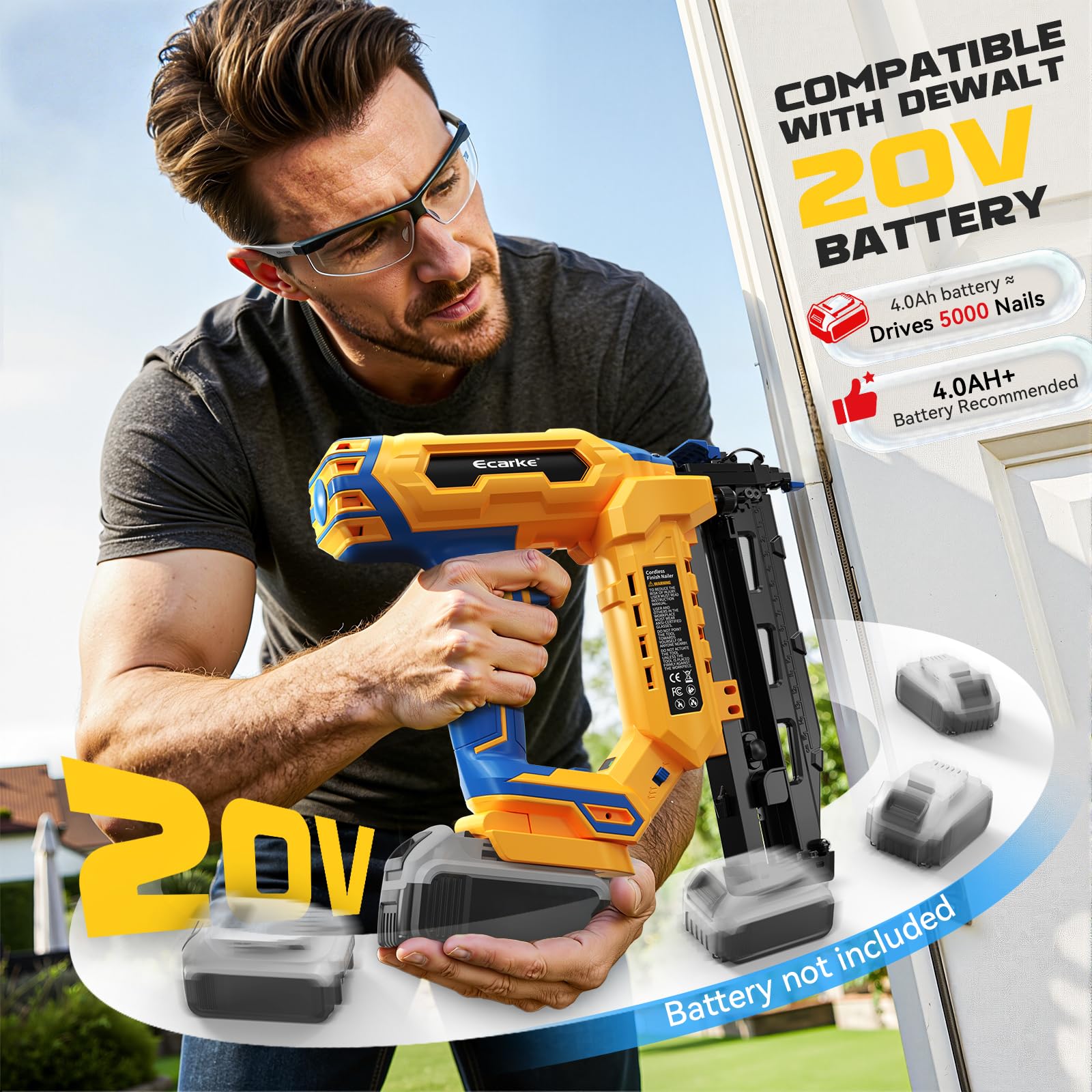 Ecarke Finish Nailer - Clavadora de calibre 16 compatible con batería Dewalt de 20 V, clavadora recta inalámbrica de 3/4 a 2-1/2 pulgadas, ajuste sin herramientas, pistola de clavos de doble modo de