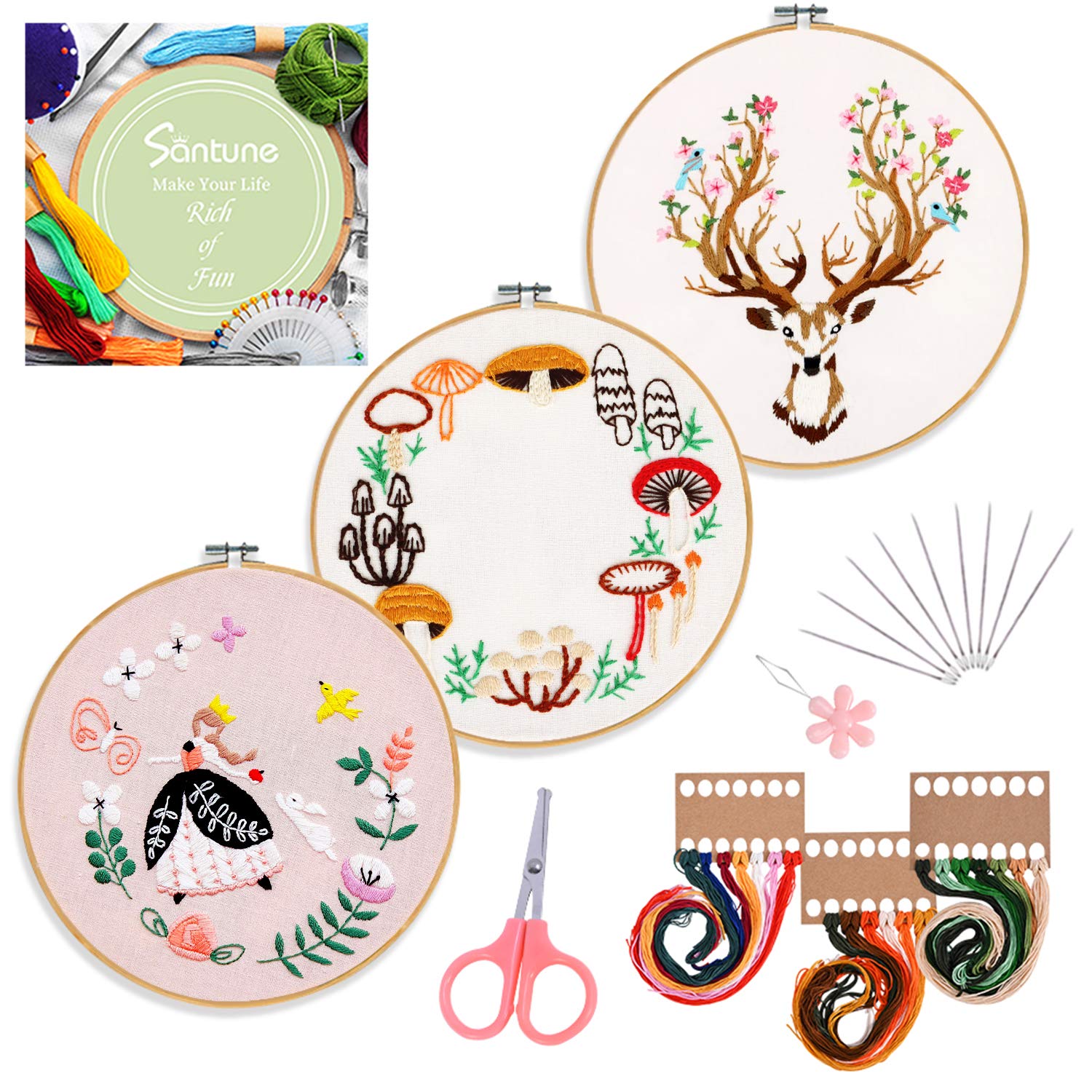 Santune 3 Sets Embroidery Starter Kit with Pattern and Instructions, Cross Stitch Set, Stamped Embroidery Kits with 3 Embroidery Clothes with Pattern, 1 Embroidery Hoops