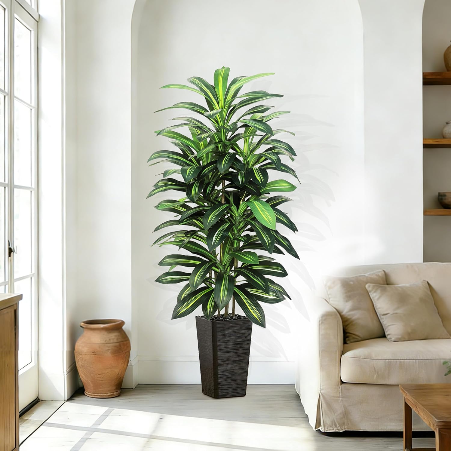 Artifical Dracaena Tree Indoor, 5FT Tall Fake Floor Plants with Black Planter & Pebbles, Fuax Silk Yucca Tree for Home Office Living Room Bedroom Farmhouse Modern Outdoor Topiary Tree - Image 7