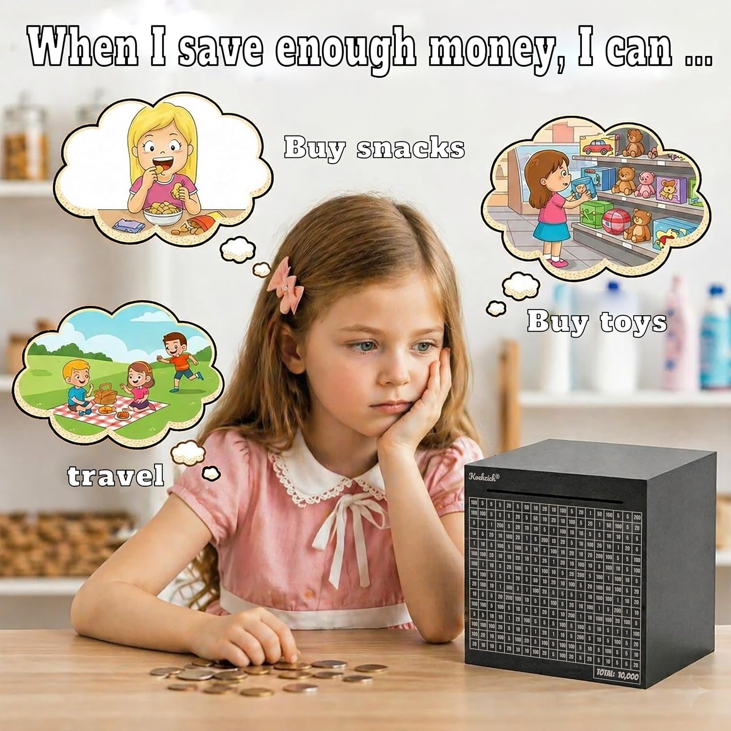 Savings Challenge Box, Black Metal Piggy Bank for Adults and Kids, 10000 Money Saving Cash Bank Cube with Coin Slot, Black Square Steel Container, Visual Savings Tracker(5.9in - 10000 Dollars)