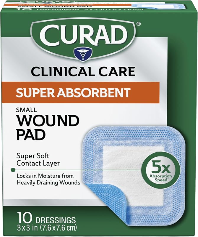 Super Absorbent Wound Pad, Small, 3" x 3", 10 Count | Super Fast Absorption, Wicking Action Locks Fluid, Ultra-Soft Contact Layer, Ideal for Surgical Incisions